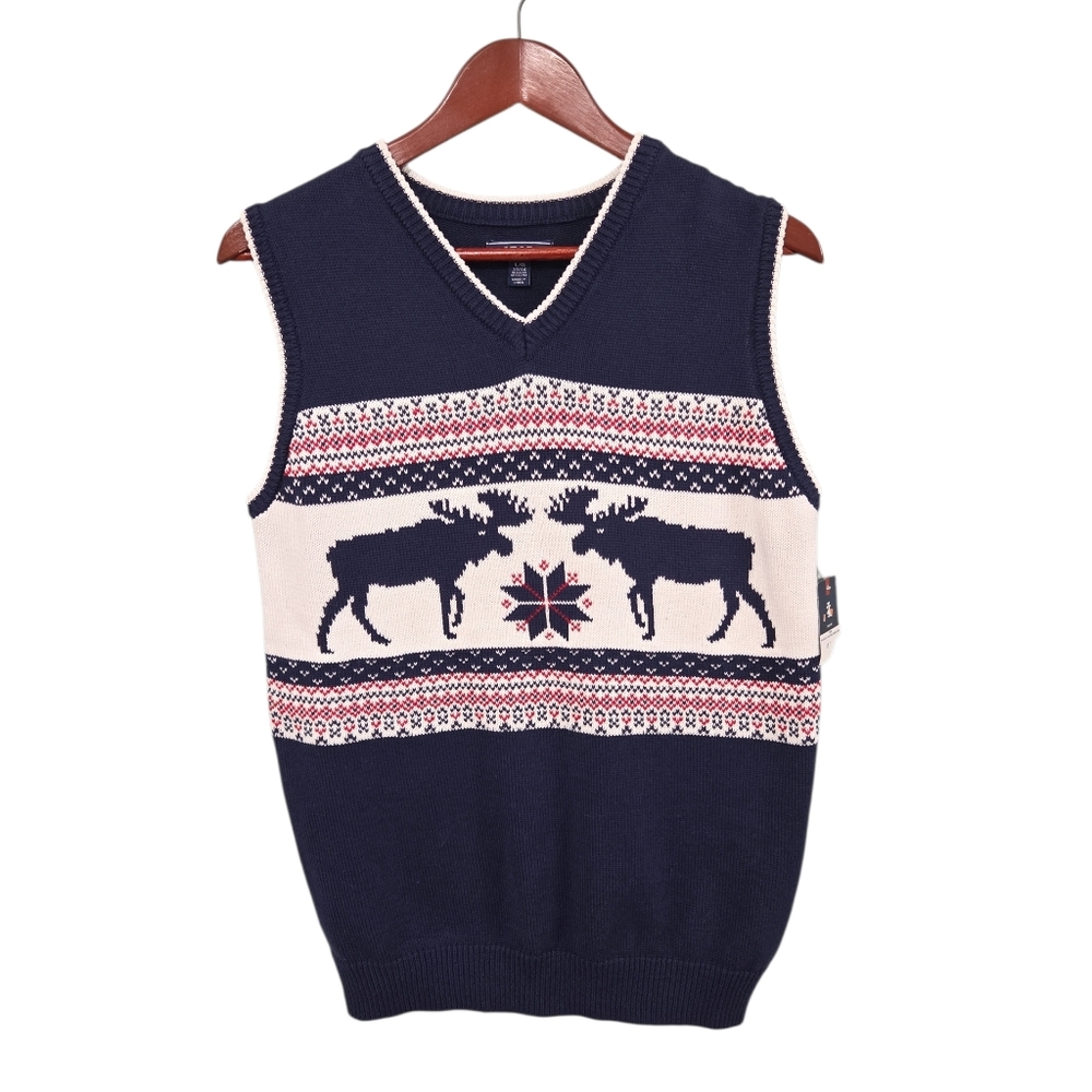 Izod New Navy Blue Moose Pattern Sweater‎ Vest Boys Size Large 14/16 Preppy
